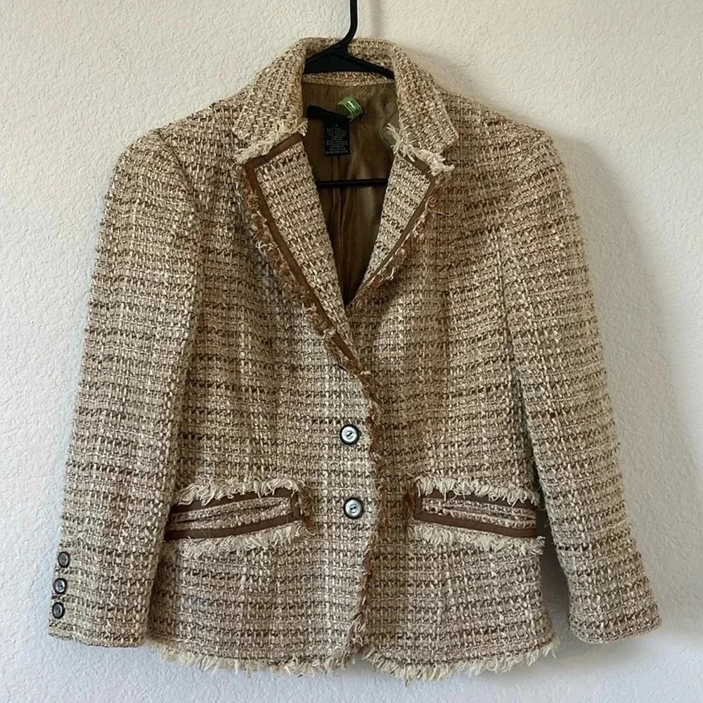 The Limited | 3/4 Sleeve Tweed Blazer with Raw Hem | Sz S | Brown and Cream